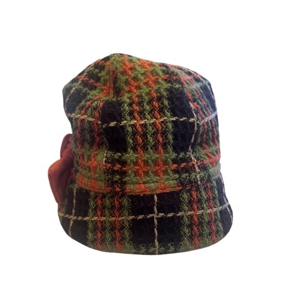 Kate Landry Wool Blend Bucket Hat Black Green Orange Plaid with Orange Bow - Picture 2 of 5